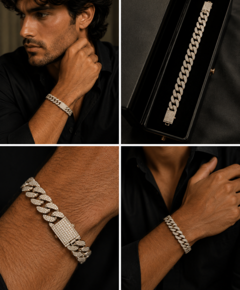 Pulsera para Hombre con Zircones y Baño Plateado